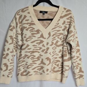 Lulus V-Neck Animal Print Sweater - Cream/Tan
